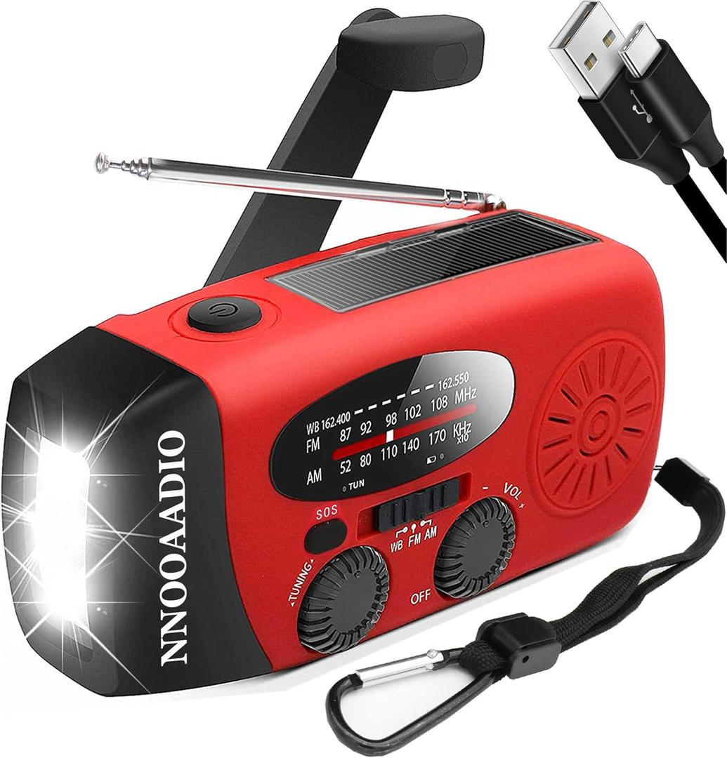 2000mAh SOS Alarm Emergency AM FM Weather Radio, 3LED Type-C Hand Crank Solar Battery Operated Portable Wind Up Radio Flashlight, Cell Phone Charger Survival Kit (Red)