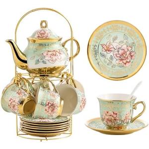 20 Pieces Porcelain Tea Set With Metal Holder, European Ceramic tea set for adults,Flower Tea Set,Tea Set For Women With Flower Painting