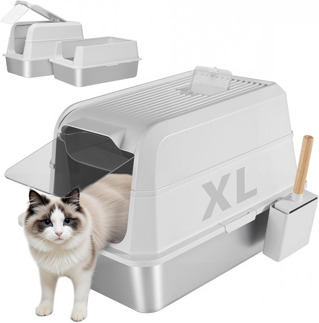 Stainless Steel Litter Box - XL Extra Large Cat Litter Box with Lid, Enclosed Metal Litter Pan with High Sided Enclosure & Scoop, Anti Leakage, Easy to Clean, Odor Control (White)