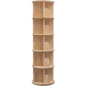 Bear Qiaqia Rotating Bookshelf, 360 Display 5 Tier Floor Standing Bookcase Storage Rack for Kids&Adult, Wood Narrow Book Shelf Organizer for Bedroom, Living Room, Study Room(63 * 17.32 * 17.32inch)
