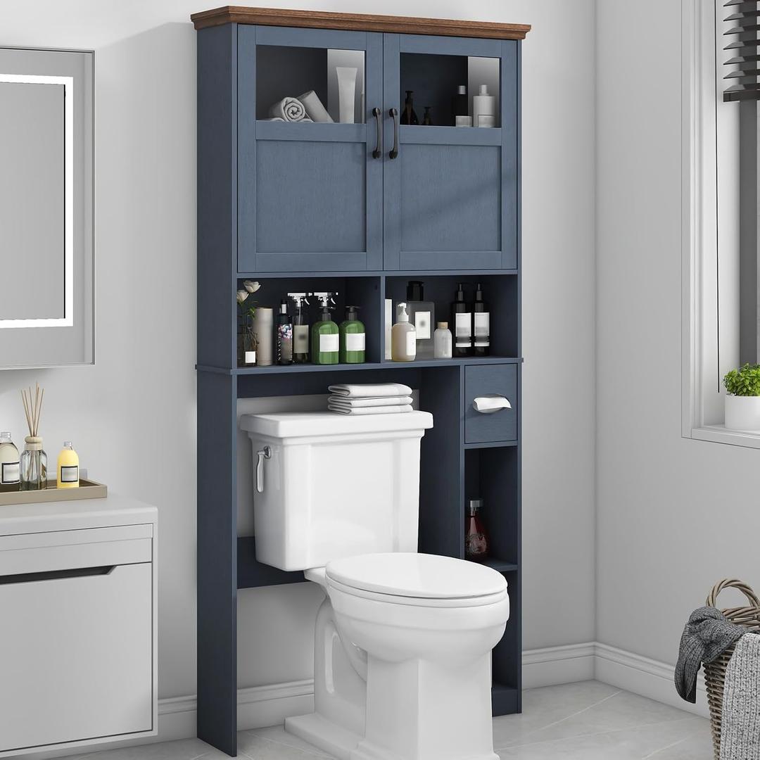Vabches Over The Toilet Storage Cabinet with Doors & Paper Holder, Blue, W33.03''