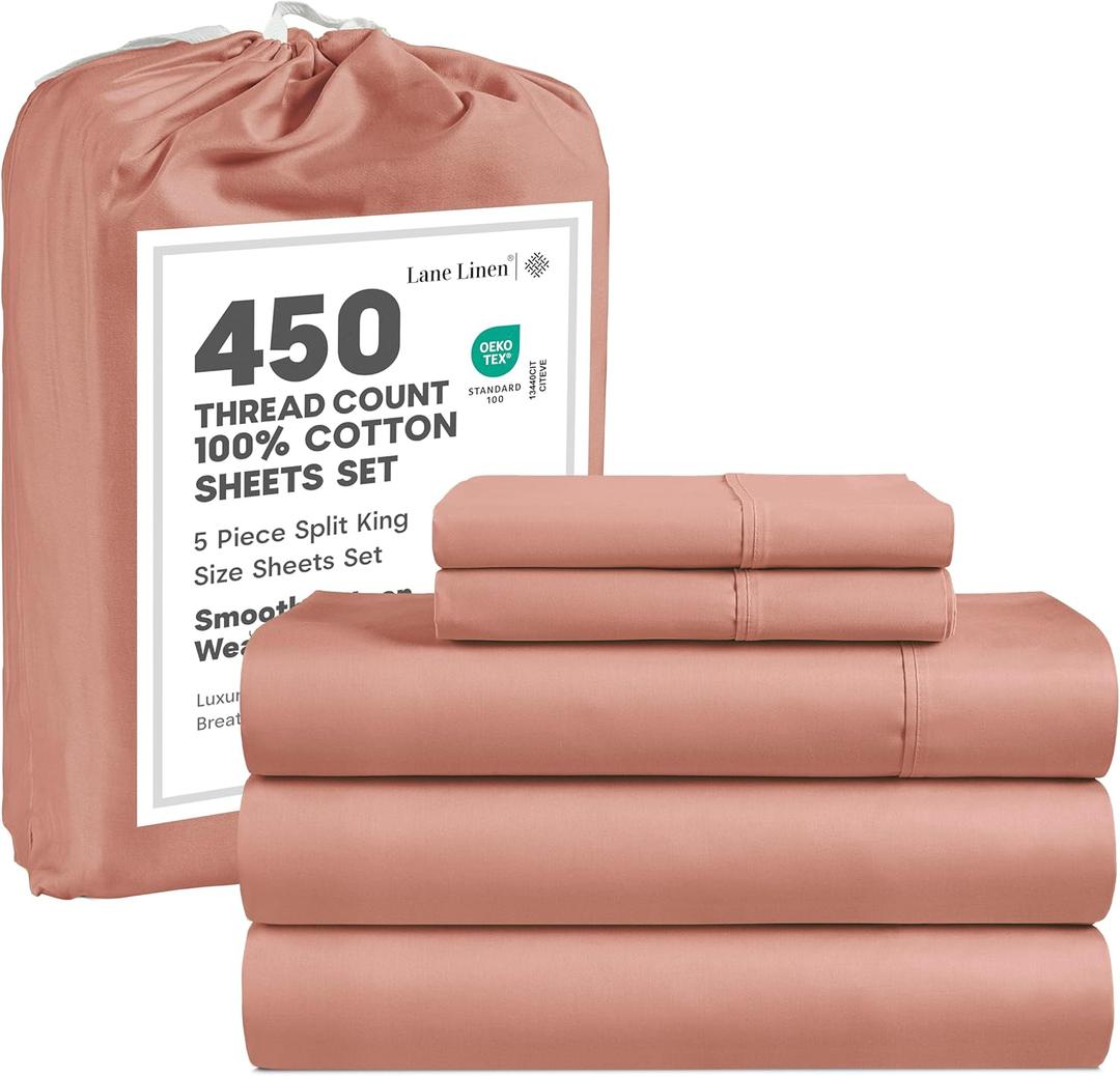 LANE LINEN Split King Sheet Sets for Adjustable Beds - 5 PCs, 450 Thread Count Split King Sheets Set - Sateen King Split Sheets for Adjustable Bed - Split Top King Sheets Set for Bed - Rose Dawn