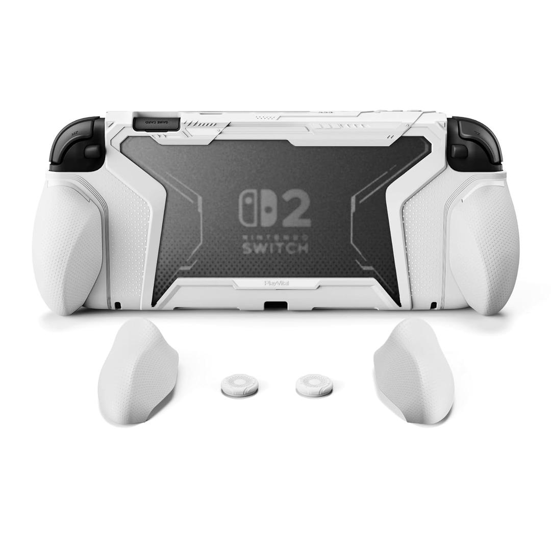 PlayVital for Switch 2 Beyond-Grip Dockable Case, Interchangeable FPS/Omni Ergonomic Grips + Military-Grade Drop Protective Cover + 2 Joystick Caps for Nintendo Switch 2 (White)