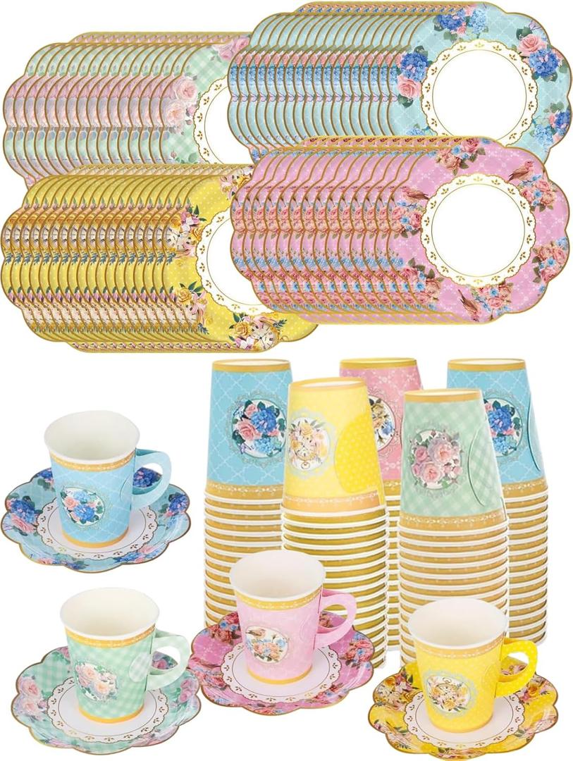 32 Set Floral Paper Tea Cups(8.5 oz) with Handle & 6" Saucers Set, 64pcs Disposable Tea Cup Saucer for Cold & Hot Drinks Serves 32 for Tea Party Wedding Baby Shower Party Supplies