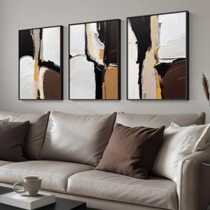 Framed Modern Abstract Black White Brown Wall Art, 3 Piece Canvas Prints Paintings Artwork for Walls, Contemporary Wabi Sabi Minimalist Pictures for Living Room, Hallway, Bedroom, Office Wall Decor 16x24 Inch (Bold)
