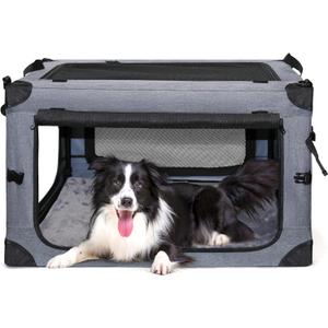 NEZUC Collapsible Dog Crates for Large Dogs Portable Soft Sided Travel Dog Carrier for Indoor & Outdoor, 4-Door Foldable Pet Kennel with Durable Mesh Windows (Gray, 24.0" L x 17.0" W x 17.0")