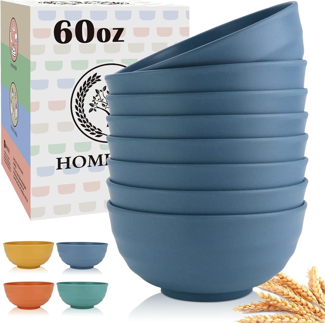 Homienly Deep Noodle Bowls Set of 8: 60oz Large Wheat Straw Bowls for Pho, Ramen & Salad, Lightweight & Unbreakable, Microwave Safe for Camping, Cereal & Soup (Blue)