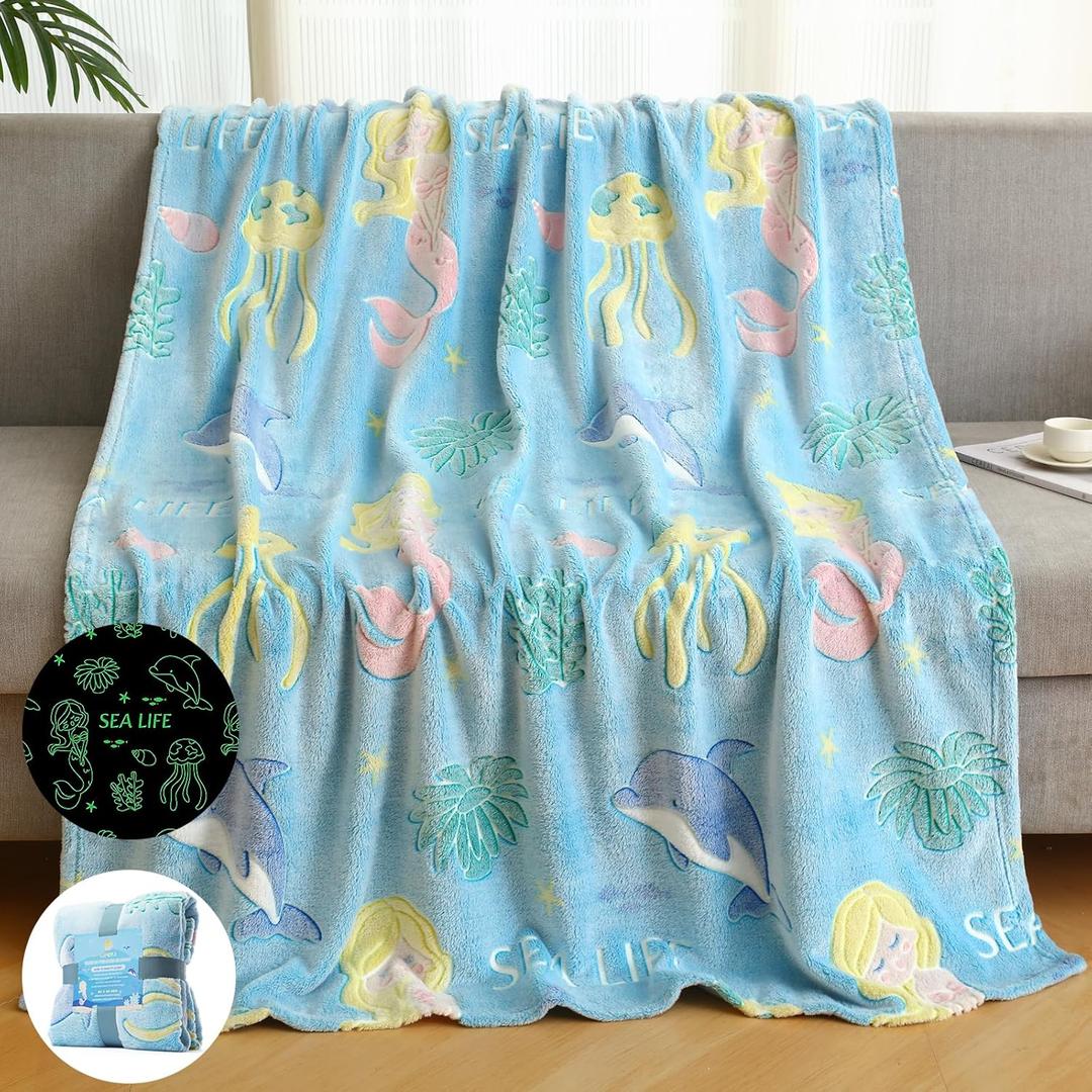 Glow in The Dark Blanket Mermaid Whale Gifts for Girls Boys,Soft Marine Life Blanket 3 4 5 6 7 8 9 10 Year Old Girl Gifts,Toddler Girls Toys Age 6-8,Valentine's Day Birthday Gifts Presents