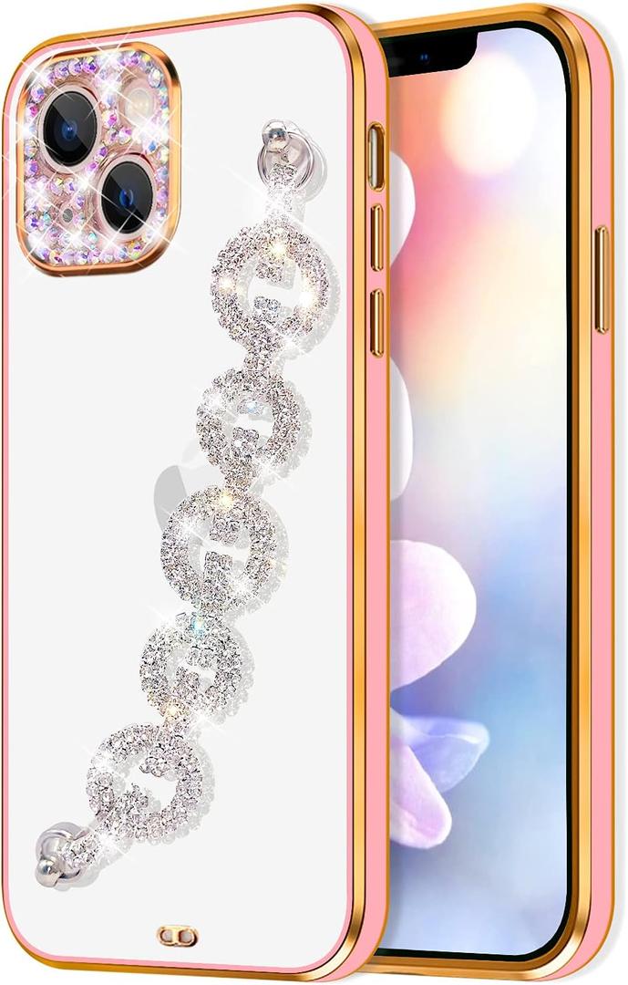 2 x Bonitec Case for iPhone 14 Pro Max Case with Bracelet 3D Glitter Sparkle Bling Strap Luxury Shiny Crystal Rhinestone Diamond Silver Chain Protective Cover for Ladys, Girls and Women, Pink