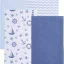 EVERYDAY KIDS 4 Pack of Soft Flannel Receiving Baby Blanket Set for Boys; Blue Baby Swaddle Blankets for Newborn Baby Boy Nursery with Ocean Animals, Sailboats, Lighthouses, Wavy Stripes Prints