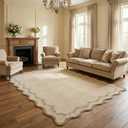 GarveeHome 5x7 Scalloped Area Rug Tan Jute Washable Rugs for Living Room Bedroom, Soft Low Pile Non Slip Accent Floor Mat Solid Floral Print Throw Rug Farmhouse Indoor Carpet for Dorm Playroom