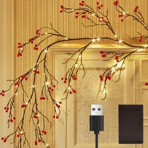 Fudios Lighted Red Berry Garland with Timer 120 LED 6FT Battery Operated USB Plug in,Lit Christmas Garlands Lights for Home Mantle Inside