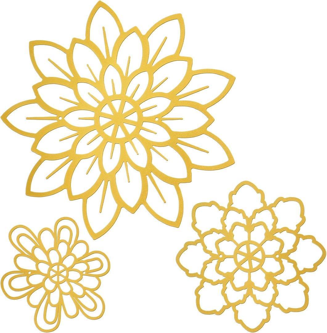 Moxweyeni 3 Pieces Metal Flowers Wall Decoration, Metal Rustic Wall Art Farmhouse Multiple Floral Hanging Decoration for Bathroom Living Room Kitchen Garden Office(Gold)