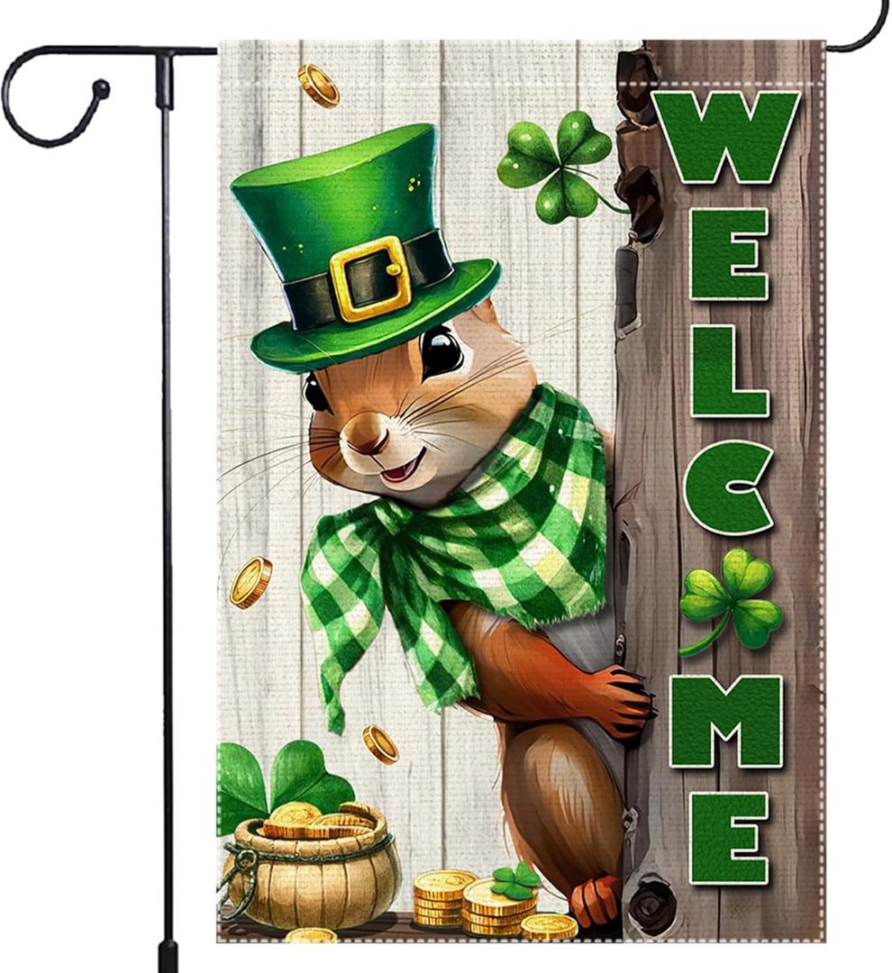 3 x Spring St Patricks Day Garden Flag 12x18inch Double Sided Burlap The Squirrel Lucky Shamrock Garden Flags Happy St. Patrick's Day For Outdoor Yard Patio Lawn Decor,Green Hat with Clovers Gold Coin Pot Welcome Outside Decorations Banner (RMQ88)