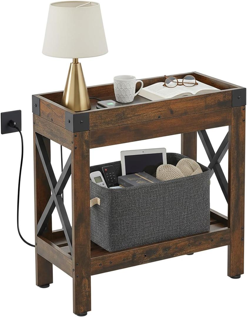 Narrow End Table with Charging Station, Rustic Brown Side Table with 2 USB Ports & Power Outlets, Slim Industrial Nightstand for Small Spaces, Living Room Sofa & Bedroom