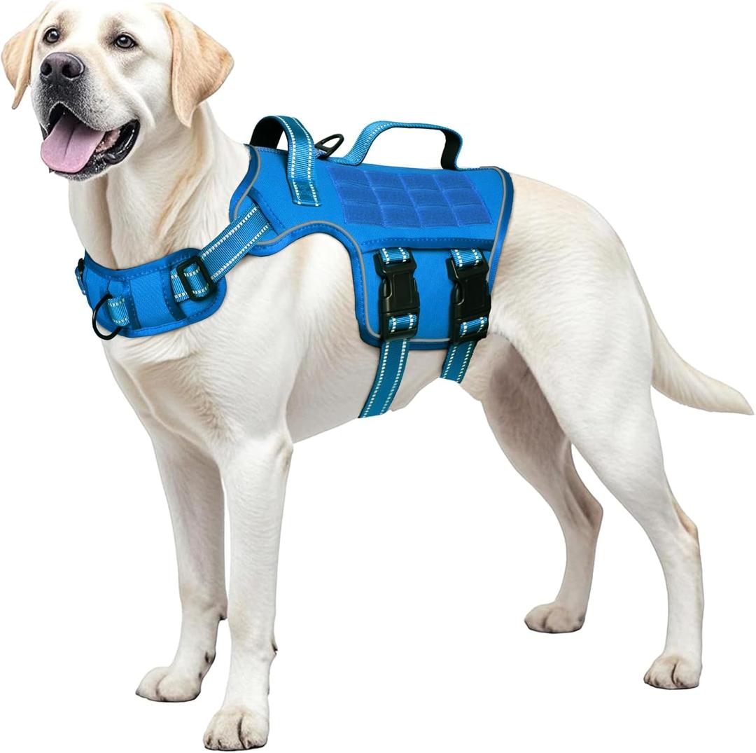 Dog Harness for Large Dogs Heavy Duty, No Pull Tactical Dog Harness with Molle System, Easy On and Off Service Dog Vest, Breathable Padded, Adjustable Reflective Pet Vest for Walking Hiking Training (L(Neck:18-24",Chest:25-36"),45-80 lbs, Blue)