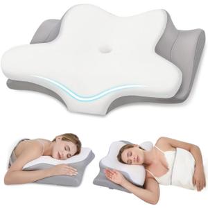 Cervical Neck Pillow, 2 Heights Ergonomic Pillow with Breathable Ice Silk Cover, Neck Support Pillow for Side Sleepers,White