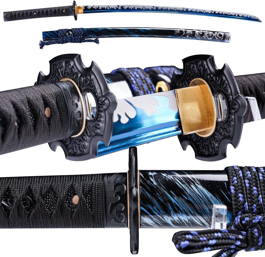 Japanese Samurai Katana Sword, 1060 High Carbon Steel Traditional Handmade, Blue Flame Full Tang, High-Performance/Razor-Sharp, Gifts for Men/Boys (28)