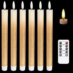 DRomance Gold Flameless Taper Candles Battery Operated with Remote Timer, Real Wax 3D Wick Flickering LED Taper Candles Dinner Wedding Holiday Decor(6 Pack, 0.78 x 9.64 Inches)