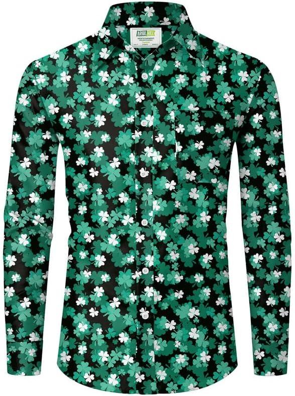 Arvilhill Mens St Patrick's Button Shamrock Clover Printed Long Sleeve Shirt (S-3XL) (Green, XXL)