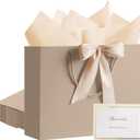 PASEOTA 12.6" Gift Bags Bulk, 10 Pcs Gift Bags with 20 Tissue Paper 10 Greeting Cards, Luxury Bag with Handles for Wedding Birthday Mother's Day (Champagne)