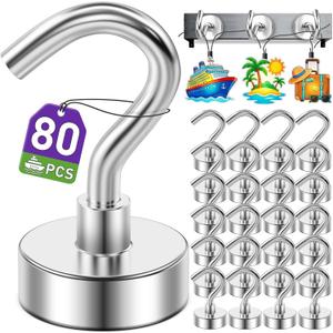 80 Pack Magnetic Hooks for 2026 Cruise Cabins Beach Vacation 30lbs+ Heavy Duty Magnet with Hook Metal Magnetic Hooks for Kitchen Fridge Grills Hanging Magnet Hooks for Classroom Locker Whiteboard (Silver)