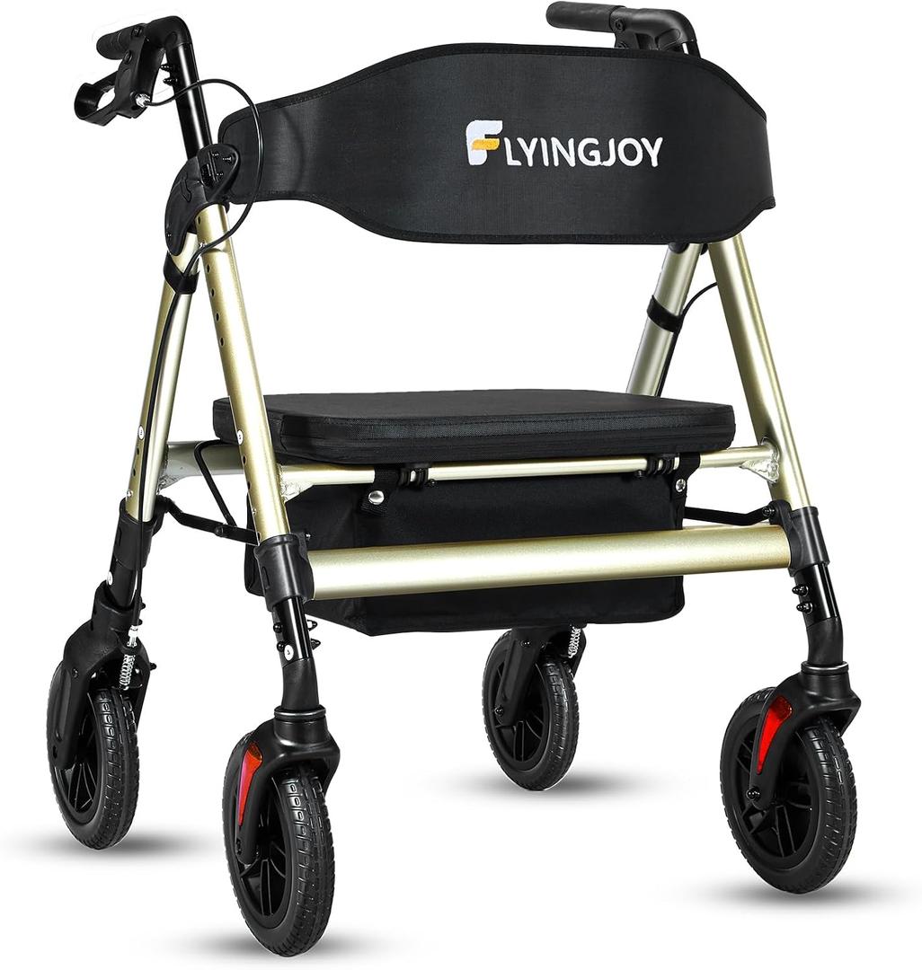 Rollator Walker with Seat,450Lb Rolling Walker, Extra-Wide Heavy-Duty Rollator Walker with Seat and Brakes for Seniors and Adults Bariatric with Large Aluminum (Champagne)