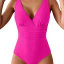 Eomenie One Piece Swimsuit for Women Tummy Control Slimming Bathing Suit Wide Straps V Neck Swim Suit Cross Back Swimwear (Pink)