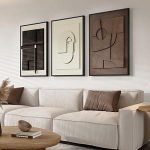 3D Textured Framed Abstract Wall Art, 3 Piece Modern Paintings Artwork for Walls, Black White Brown Geometric Sandstone Texture Pictures for Living Room Dining Room Bedroom Office Wall Decor 16x24 In, 16"W x 24"H x 3Pcs