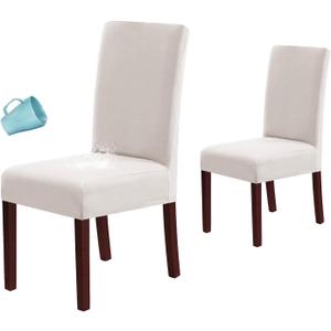 H.VERSAILTEX 100% Waterproof Dining Chair Covers Stretch Chair Covers for Dining Room Set of 2 Parson Chair Slipcovers Chair Protectors Covers Dining, Soft Thick Solid Fleece Fabric Washable, Ivory