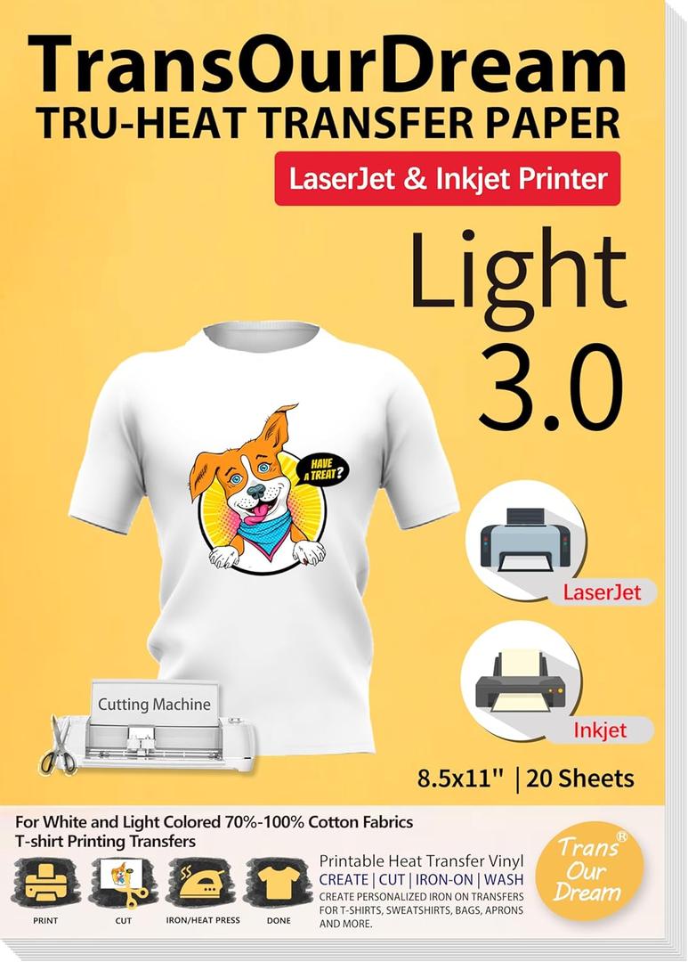 TransOurDream Tru-Heat Transfer Paper for Inkjet & Laserjet Printer (20 Sheets 8.5x11, 3.0) Printable HTV Heat Transfer Vinyl for T Shirts Iron on Transfers for Light Fabrics (TRANS-L3-1-20)
