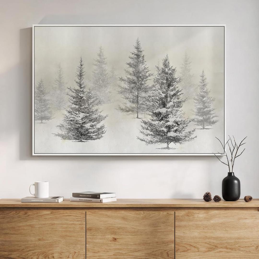 Framed Black and White Forest Landscape Wall Art, Modern Minimalist Pine Tree Canvas Art Prints, Contemporary Nature Pictures Wall Decor for Living Room Bedroom Dining Room Hallway Office 24x36 In