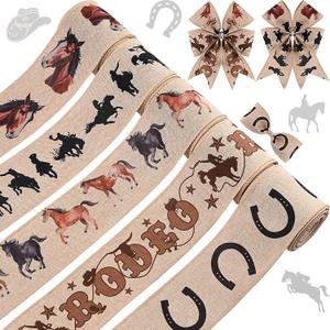 5Rolls Wild Horse Wired Ribbon Cowboy Theme Diaper Cake Decorations Horse Head Equid Horseshoe Print Burlap Ribbon for Baby Shower Farmhouse Birthday Horse Racing Party Craft Supplies (Brown)