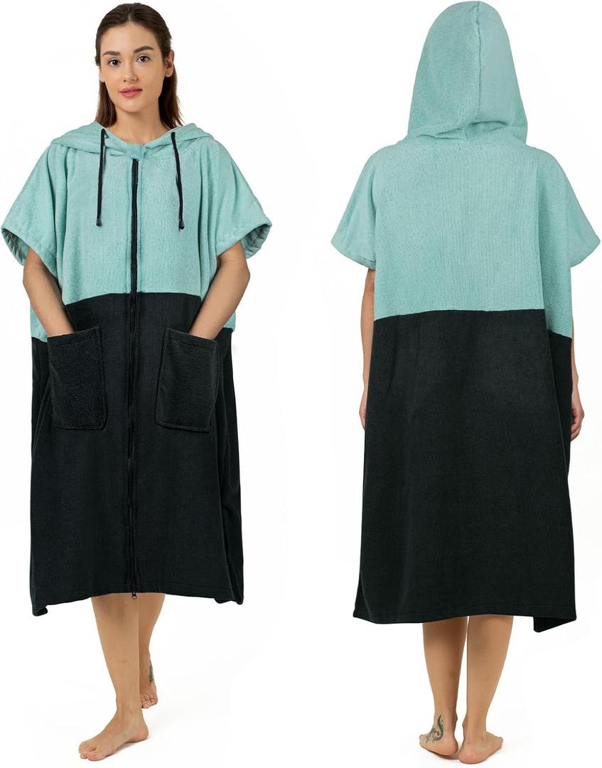 Surf Poncho Changing Towel, Extra Large Zippered Thick Towel Poncho for Men Women with Hood Pocket for Beach Swimming Changing Robe, Middle, Black Teal (M: 41''x33'')