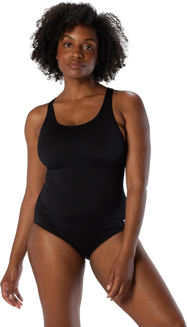Speedo Women's Standard Swimsuit One Piece Endurance Ultraback Solid Contemporary Cut, Black, 14