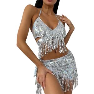 Women's 3Pcs Holographic Sequin Fringe Tassel Skirt Tube Bra Top Shiny Rave Outfits Festival 80s 90s Dancewear Costume S