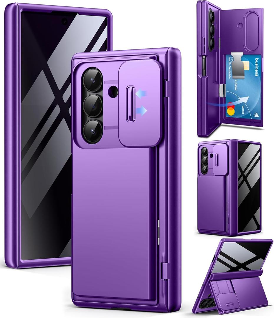 TONGATE Wallet for Z Fold 7 Case with Privacy Screen Protector, [4-Card Holder][Anti Spy] Built-in Large Stand & Slide Camera Cover Z7 Shockproof Phone Case for Samsung Galaxy Z Fold 7 2025 8", Purple