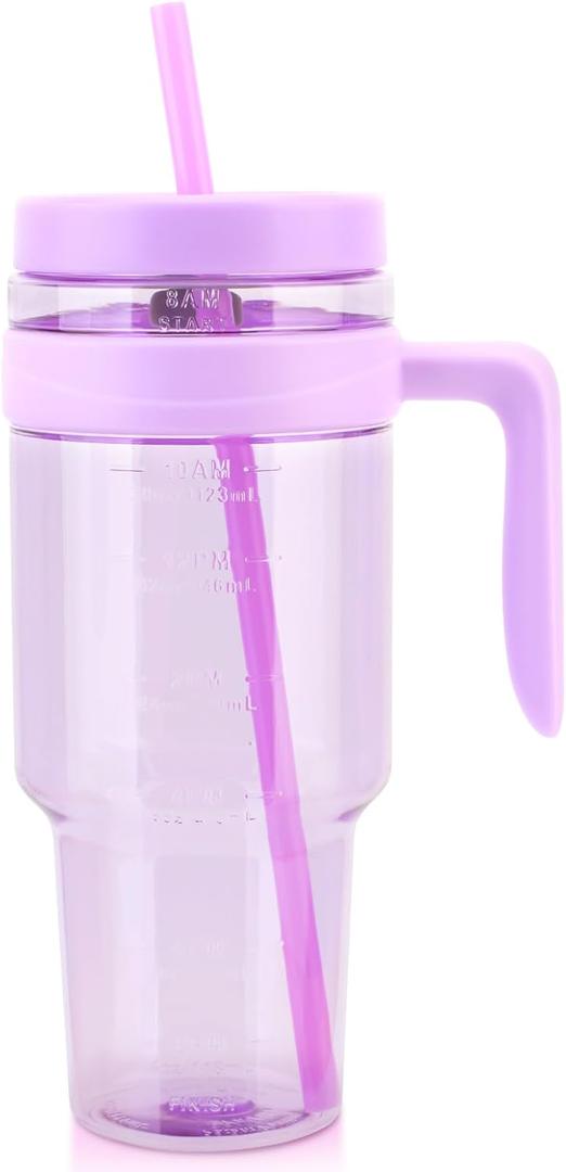 50 oz Clear Tumblers with Lid and Straw | Tritan Plastic | Leak-Proof BPA-Free Water Bottle with Time Marker | Reusable Cup for Iced Coffee, Tea, Juice, Boba, Smoothies (Purple)