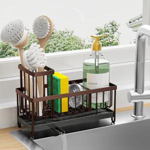 Cisily Brown Sponge Holder for Kitchen Sink, Sink Caddy Organizer with High Brush Holder, Kitchen Countertop Organizers and Storage Essentials, Rustproof 304 Stainless Steel, Soap Dispenser Organize, Brown