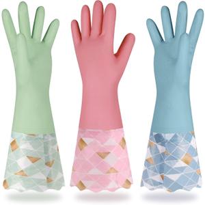 Household Cleaning Gloves 3 Pairs Reusable Dishwashing Gloves Latex Free, Non-Slip Kitchen Gloves with Cotton Lined, Waterproof Dish Washing Gloves