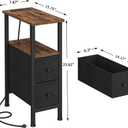 VIMBER 2 Set Narrow Side Table for Small Spaces, Skinny End Table with Charging Station, Sofa Beside Table with 2 Drawers 1 Open Compartment, Slim Nightstand with USB Ports Outlet, Rustic and Brown