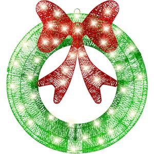 Ogrmar 24in Outdoor Christmas Wreath Decoration, LED Metal Bow Christmas Wreath Decoration, Lighted Xmas Decor, Pre Lit Lights Holiday Decor