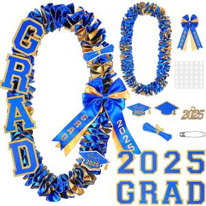 Yinkin Graduation Ribbon Leis Set Class of 2025 Handmade Double Braided Necklace Adjustable Silk Leis Grad Cutouts 2025 Pendant for Graduation Party (Blue and Gold)