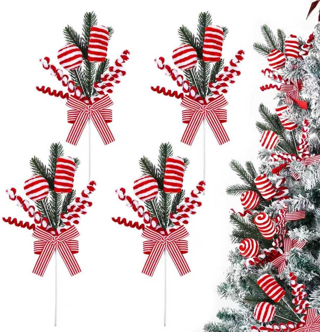 Peppermint Christmas Tree Picks Set of 4, Red and White Candy Cane Ornament Sprays with Bows and Greenery, Christmas Tree Topper Decorations, Peppermint Christmas Decor for Tree, Wreath and Garland