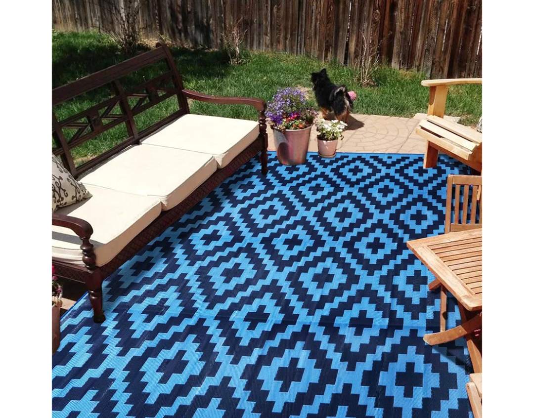 SAND MINE Reversible Mats, Plastic Straw Rug, Modern Area Rug, Large Floor Mat and Rug for Outdoors, RV, Patio, Backyard, Deck, Picnic, Beach, Trailer, Camping, Blue, 9' x 12'