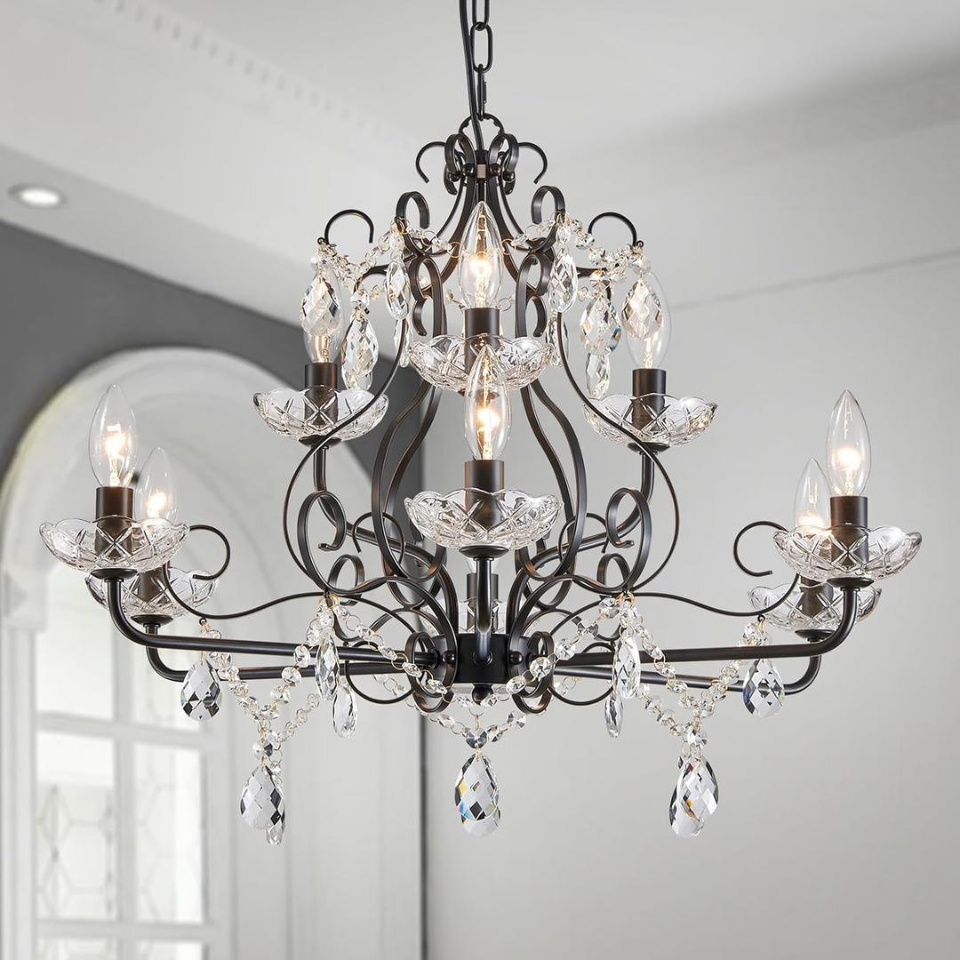 WUZUPS 9-Light Crystal Candle Chandelier Pendant Flushmount Ceiling Light Modern Lighting Fixture for Bedroom Hallway Bar Kitchen Bathroom, H 18.1" x W 25.6", Black, E12 Base