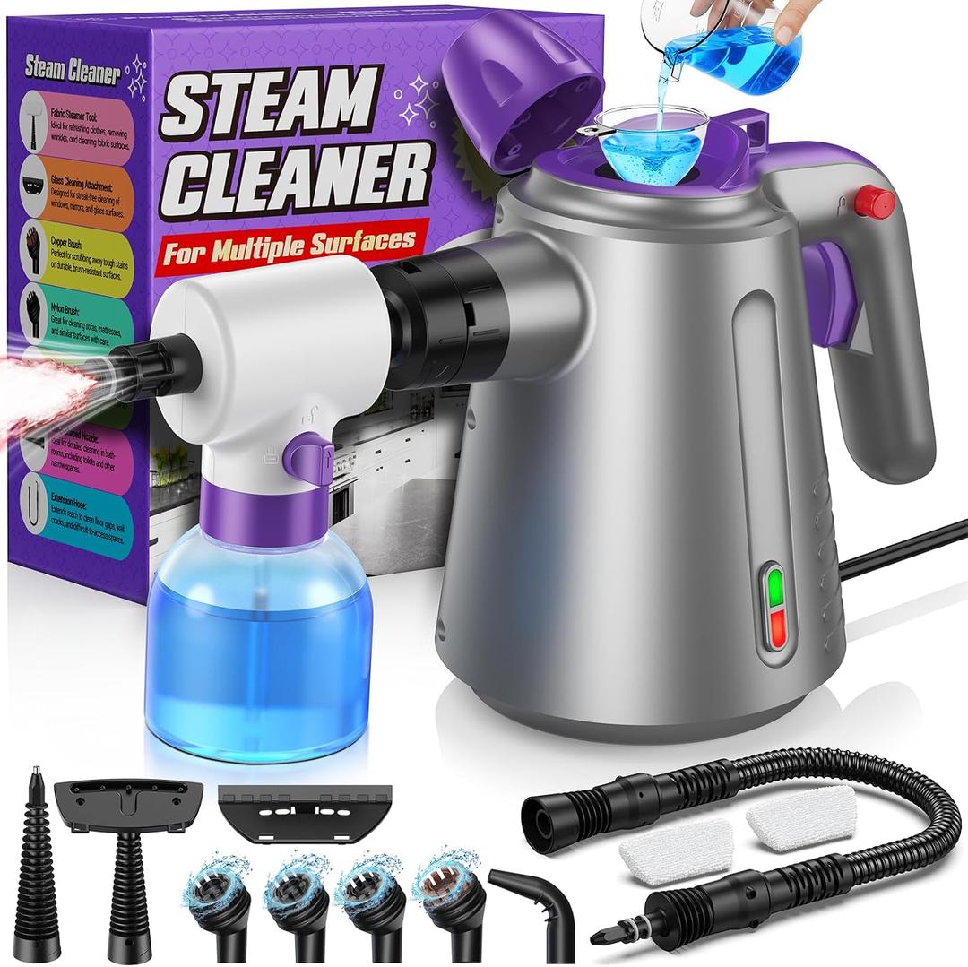 Handheld Steam Cleaner for Home, Pressurized Multi Purpose Steamer for Cleaning Upholstery Bed Furniture Couch Carpet Car with 14 Accessories & Safety Lock, Small Solution Tank for Grease