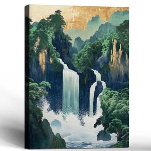Framed Waterfall Canvas Wall Art Painting Natural Scenery Poster Print Japanese Gallery Style Picture Zen Forest Hanging Painting for Living Room Bedroom Decoration 16x24 Inch Ready to Hang