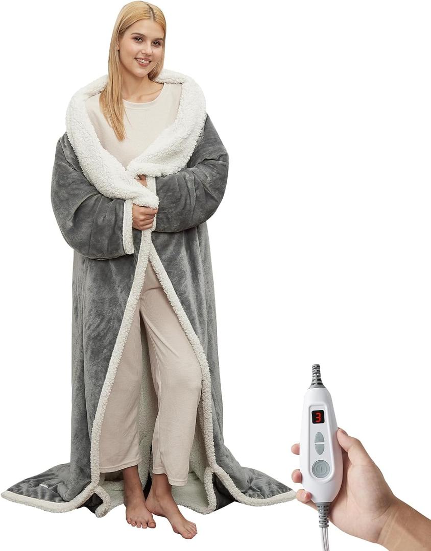 GarveeHome Wearable Heated Blanket with Foot Pocket, Electric Snuggle Blanket with Sleeves,6 Heating Levels & 2/4/8/10H Time Settings, Machine Washable, Gift for Family & Friends,50 * 70"+18", Dark Gray