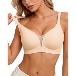 Womens Wireless Jelly Balconette Bra No Underwire Seamless Push Up Bras Mesh Sexy Deep V Everyday Tshirt Bra (Beige, XXXL)